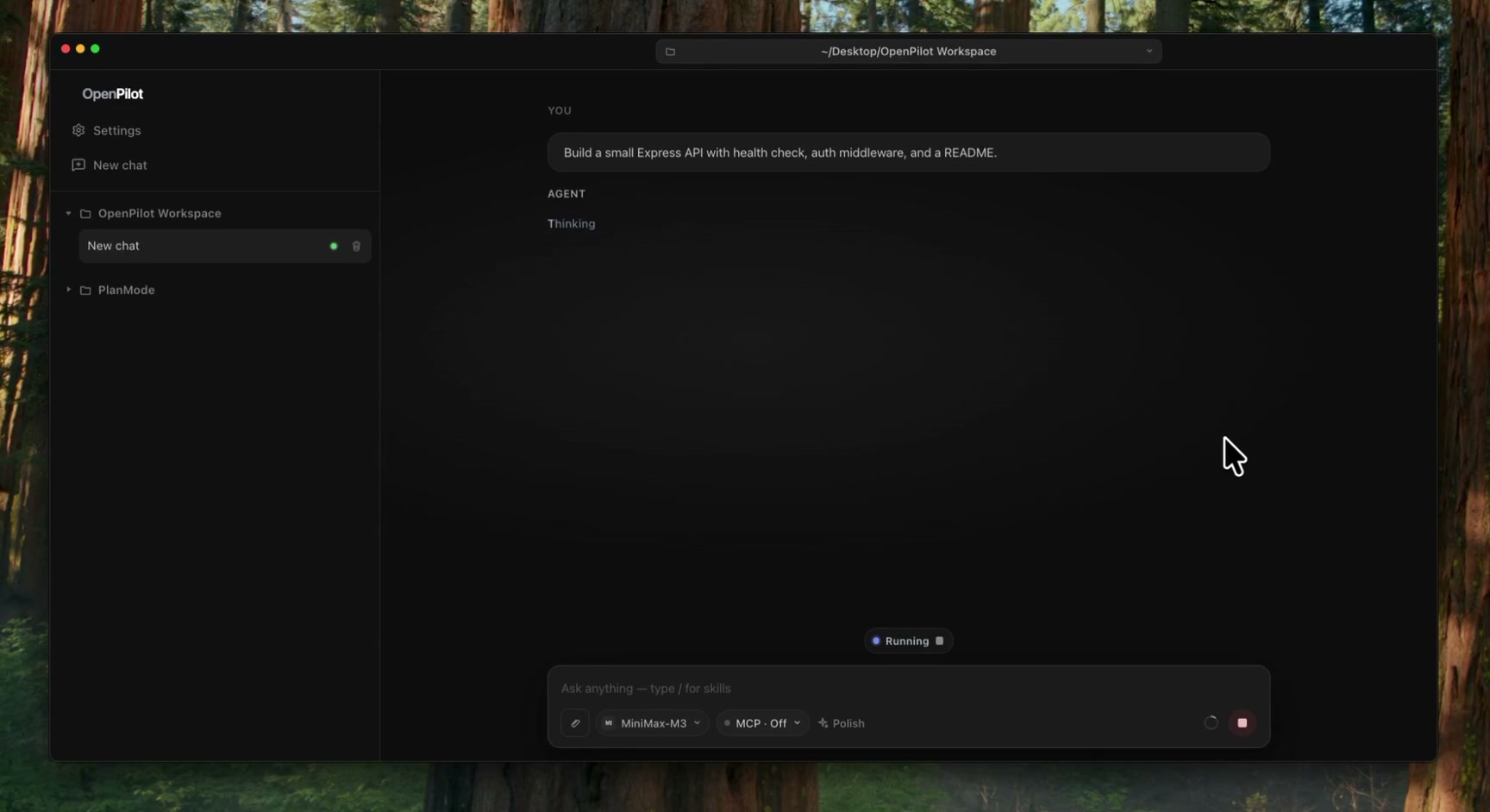 OpenPilot demo: the agent scaffolding a project with files, tools, and terminal